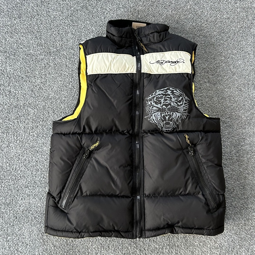 Ed Hardy Vest Youth 12 Black Tiger Los Angeles Puffer‎ Streetwear Embroidered